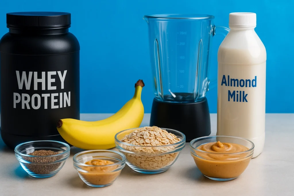 Healthy ingredients laid out for a complete whey protein meal shake