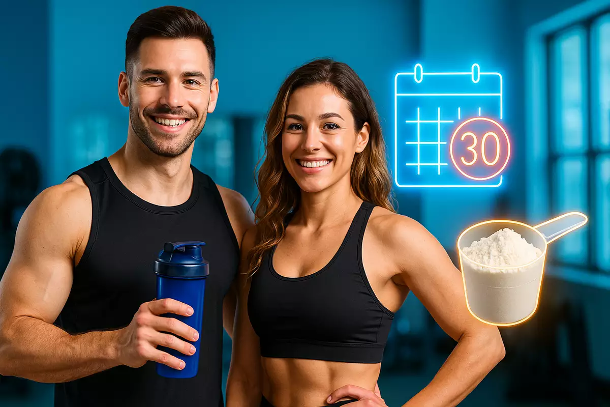 man and woman showing whey protein results after 1 month in gym setting