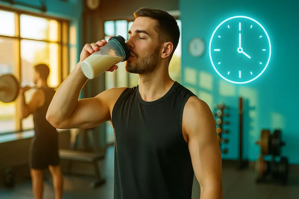 Athlete drinking whey protein post-morning workout during intermittent fasting window