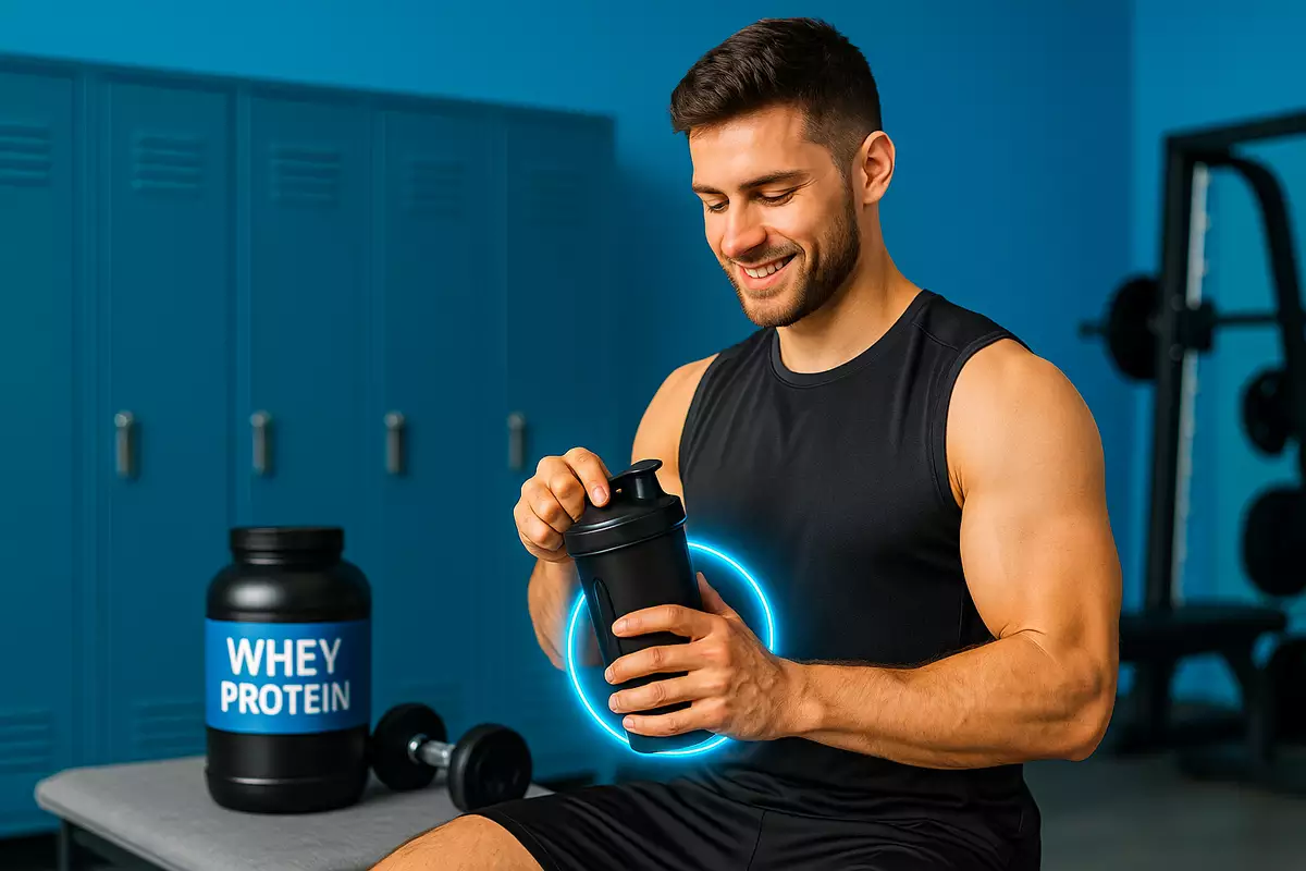 70 kg male mixing whey protein shake post-workout in gym locker room