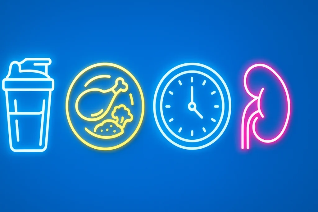 Graphic layout with icons of protein shake, food plate, clock, and kidney representing whey FAQs