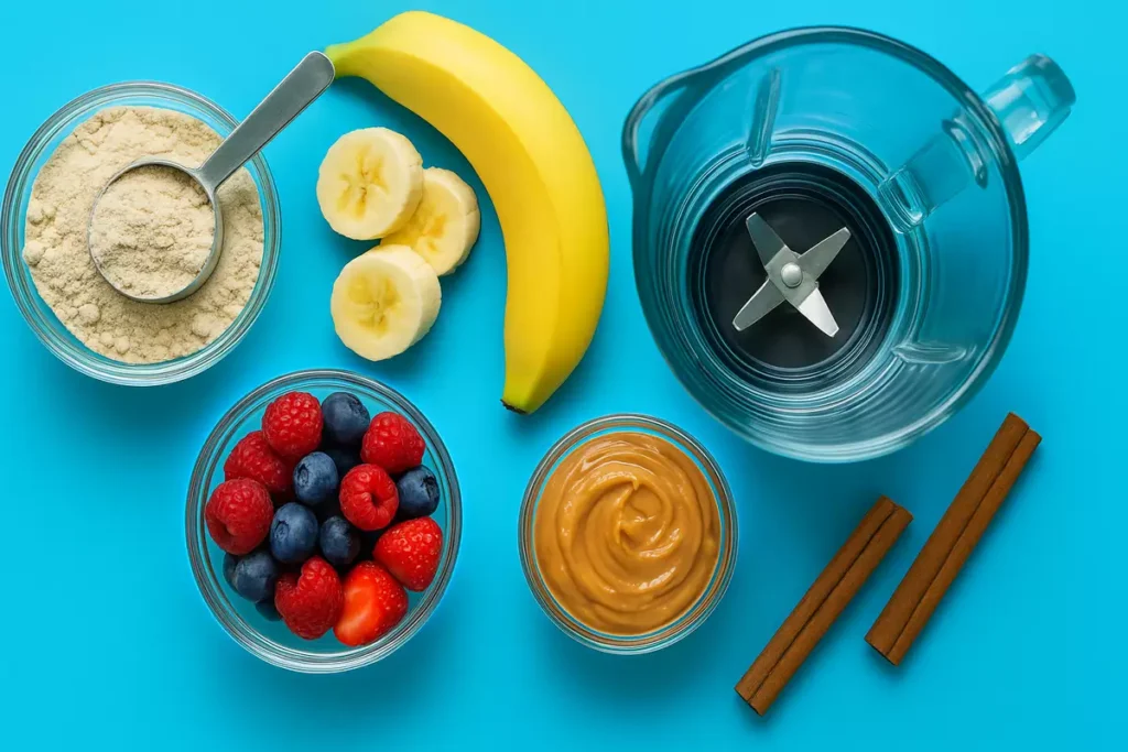 whey protein with bananas, berries, peanut butter, and cinnamon flavor boosters