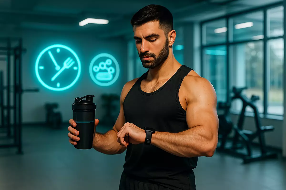 Athlete holding whey protein shake during intermittent fasting in a modern gym setting