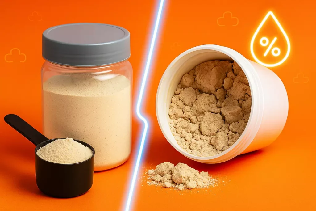 Clumpy whey protein caused by moisture exposure vs fresh sealed powder