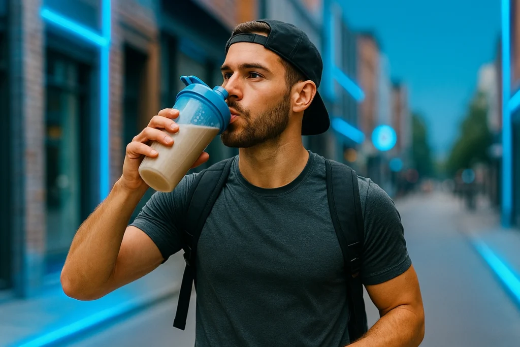 Busy person drinking whey protein shake on the go