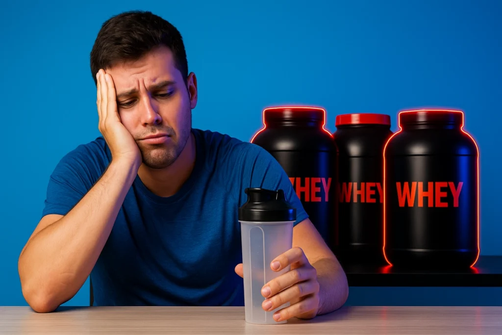 Person feeling tired and bloated after overusing whey protein
