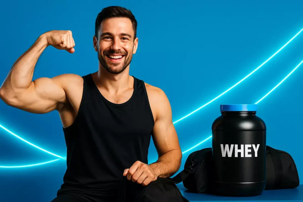 Fit male athlete with whey tub and training checklist highlighting tips for maximizing results