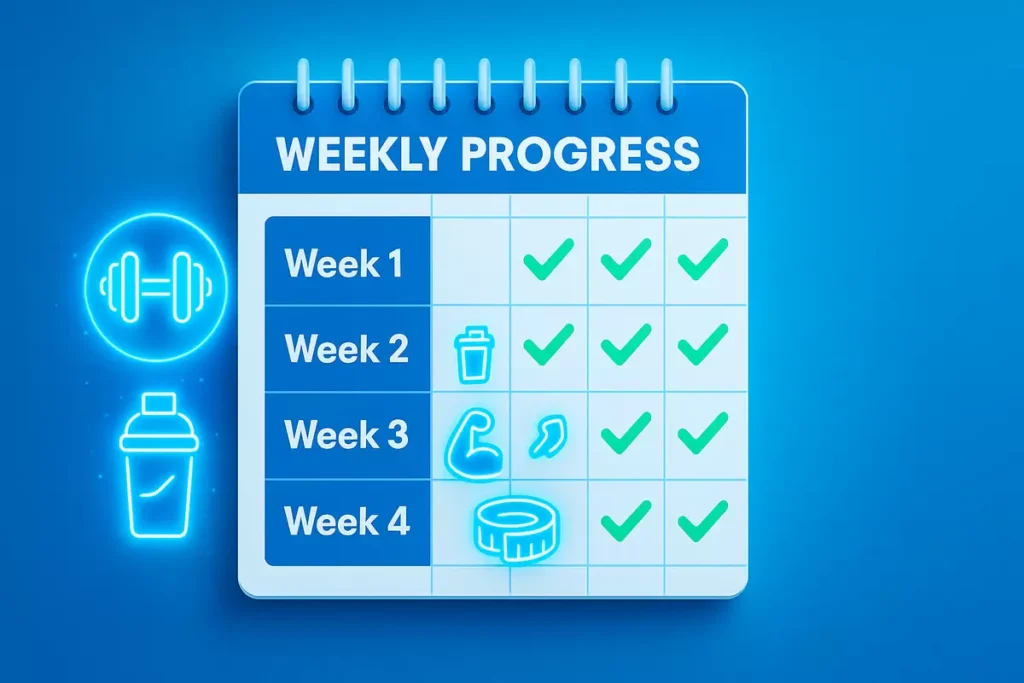 4-week whey protein results timeline with fitness icons and calendar