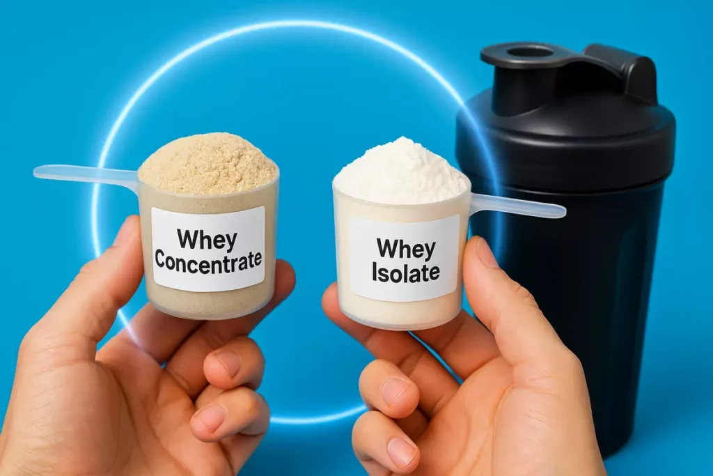 Hands comparing whey concentrate and isolate scoops with labeled shaker in a fitness setting