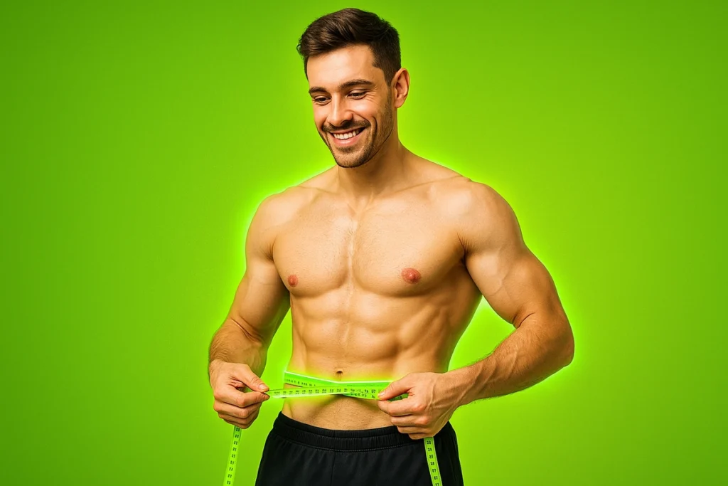 Ectomorph physique measuring waist, showing someone who may benefit from nighttime mass gainers.