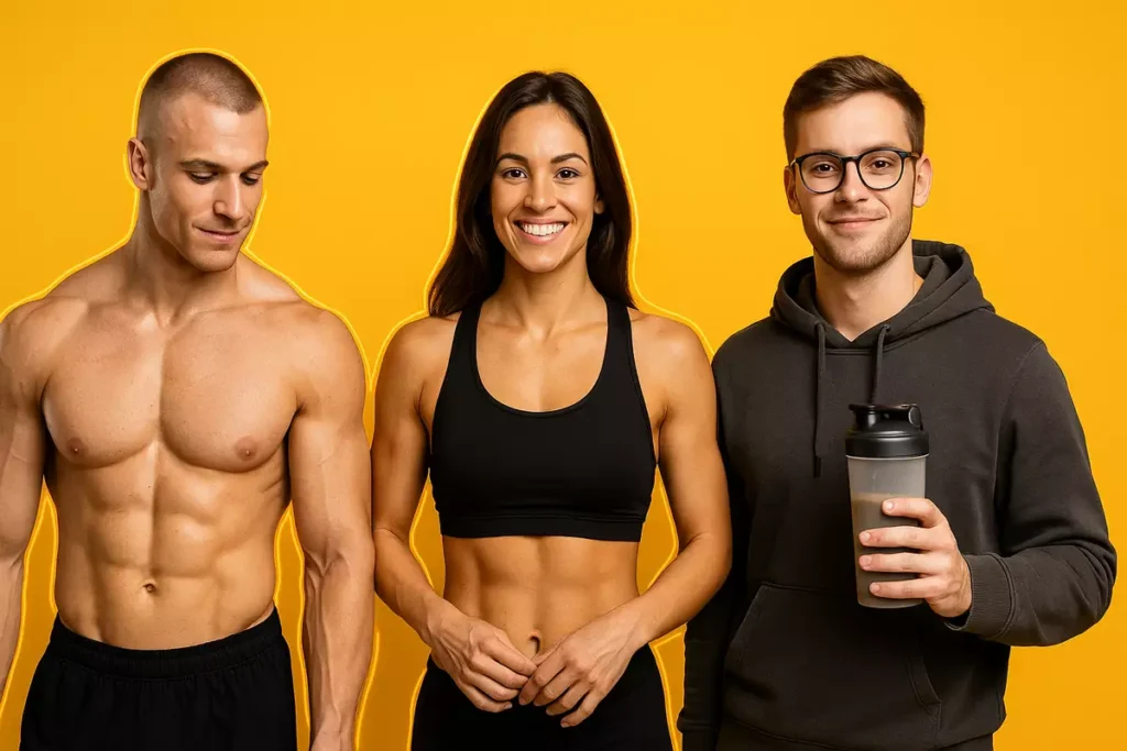 Different people using micellar casein including athletes, dieters, and busy professionals