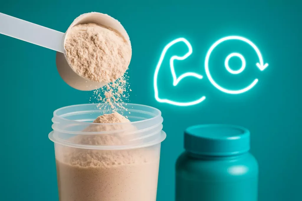 Whey protein powder scoop with fitness icons showing benefits for beginners