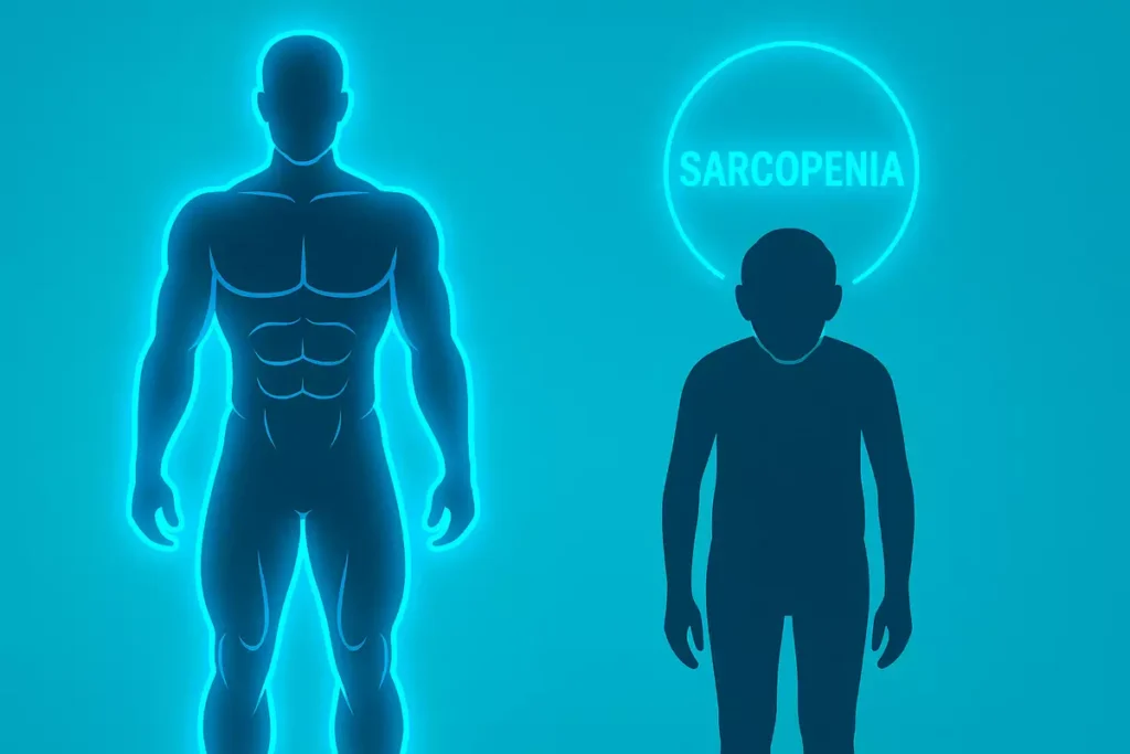 Visual comparison of younger and older body showing muscle loss due to aging