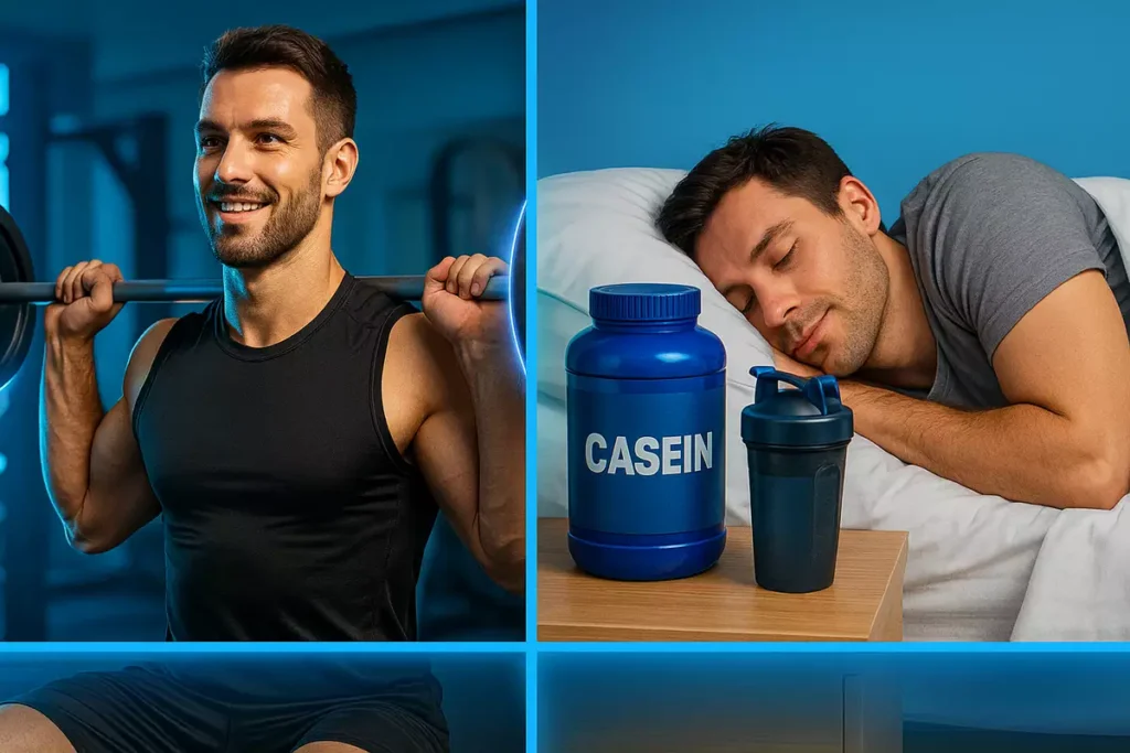 Comparison image showing creatine use during training and casein protein for overnight recovery