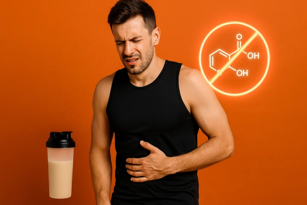 Man holding stomach due to whey protein discomfort with lactose-free symbol