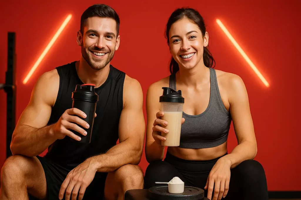 Athletes after workout holding protein shakes with creatine supplement