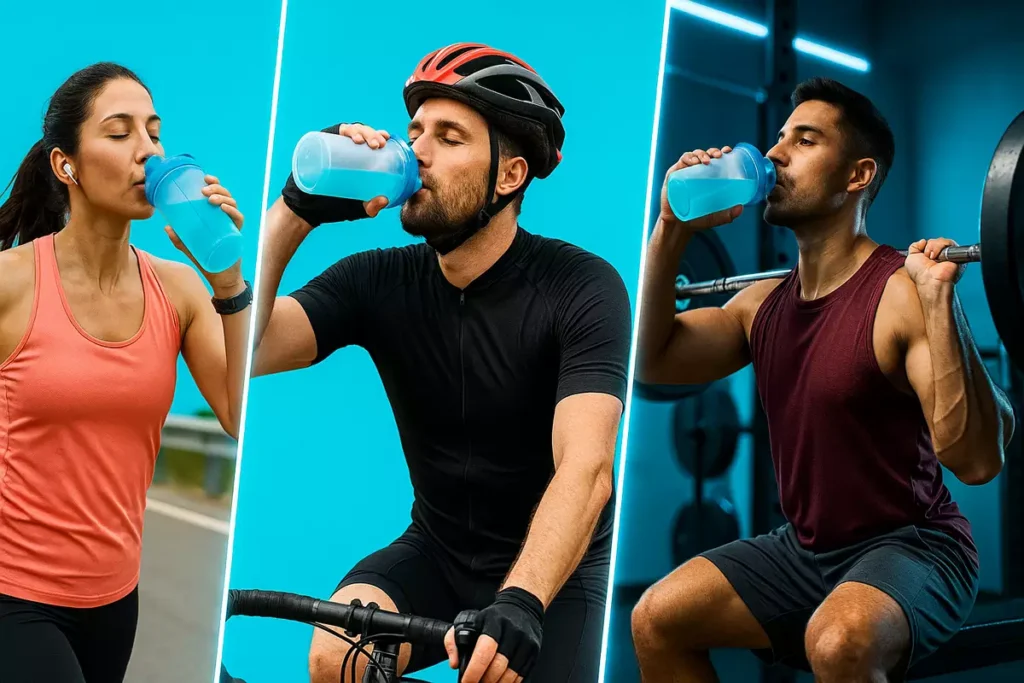 Athletes drinking BCAA supplements during long training sessions for endurance and recovery