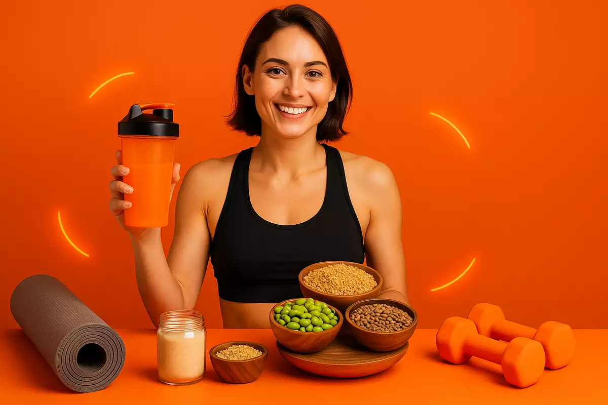BCAA benefits for vegan athletes with plant protein foods and workout gear