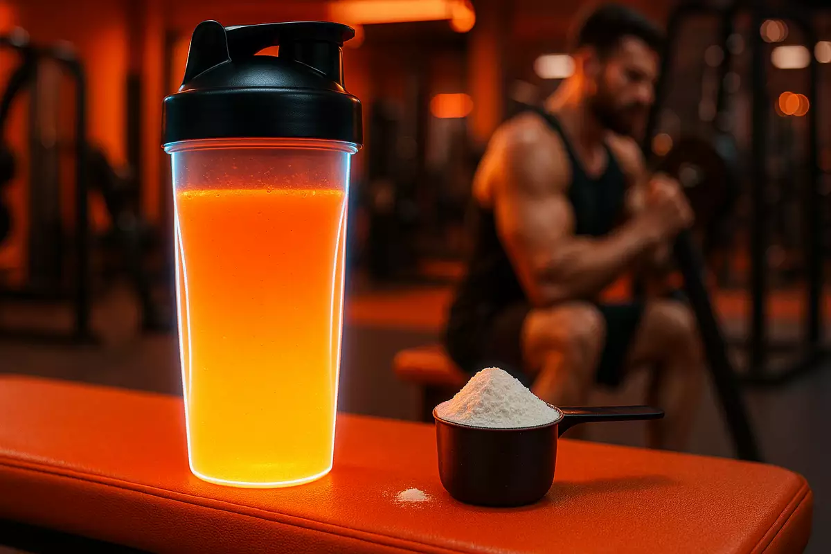 BCAA supplement on gym bench showing multiple daily servings concept