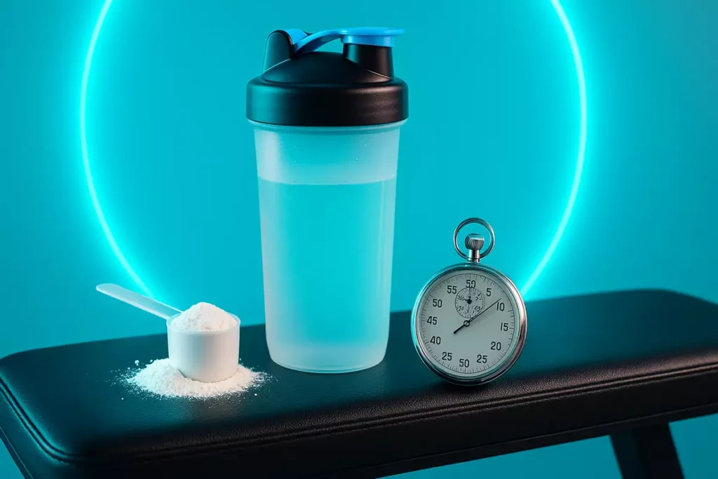 BCAA powder scoop with shaker bottle and stopwatch for workout timing