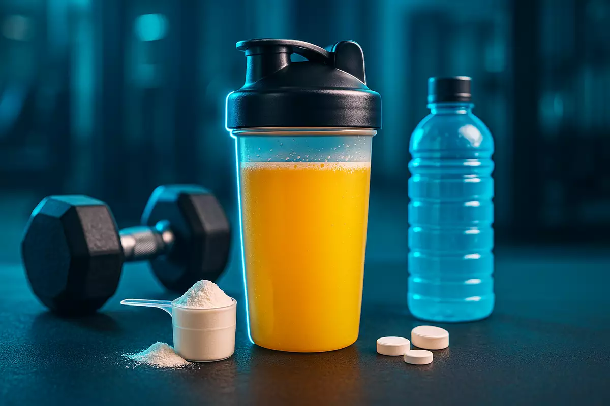 Caffeine-free BCAA supplement with shaker bottle and gym equipment for muscle recovery