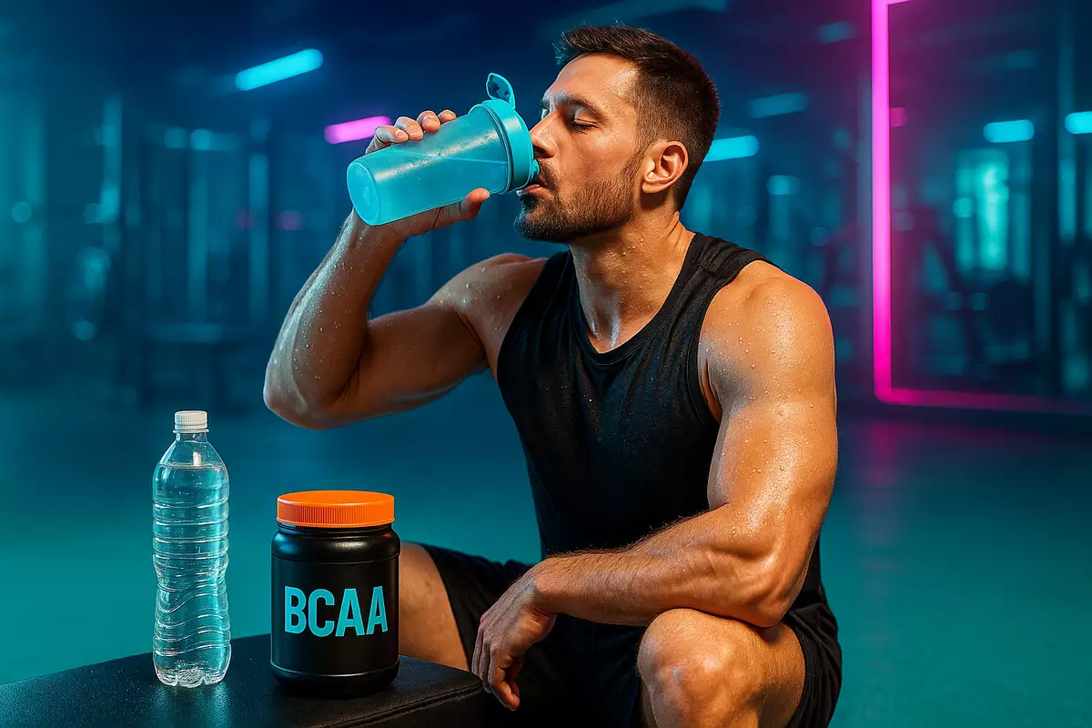 Athlete hydrating with BCAA drink during intense long workout in gym