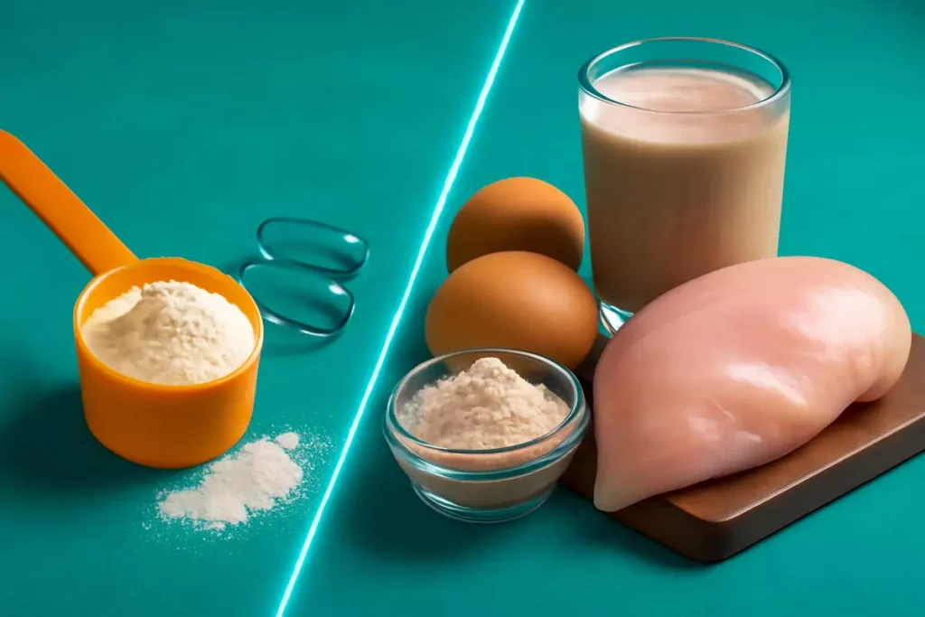 Comparison image showing BCAA supplements versus whole protein foods like chicken, eggs, and whey protein