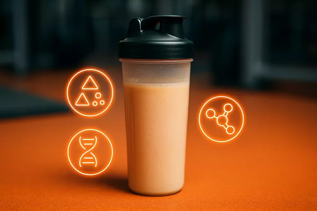 Protein shake with digestive enzyme icons showing faster absorption and reduced bloating