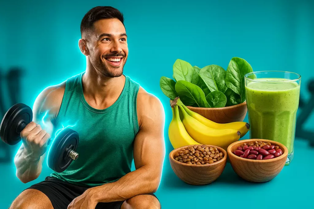 Vegan athlete training with plant-based foods symbolizing creatine benefits