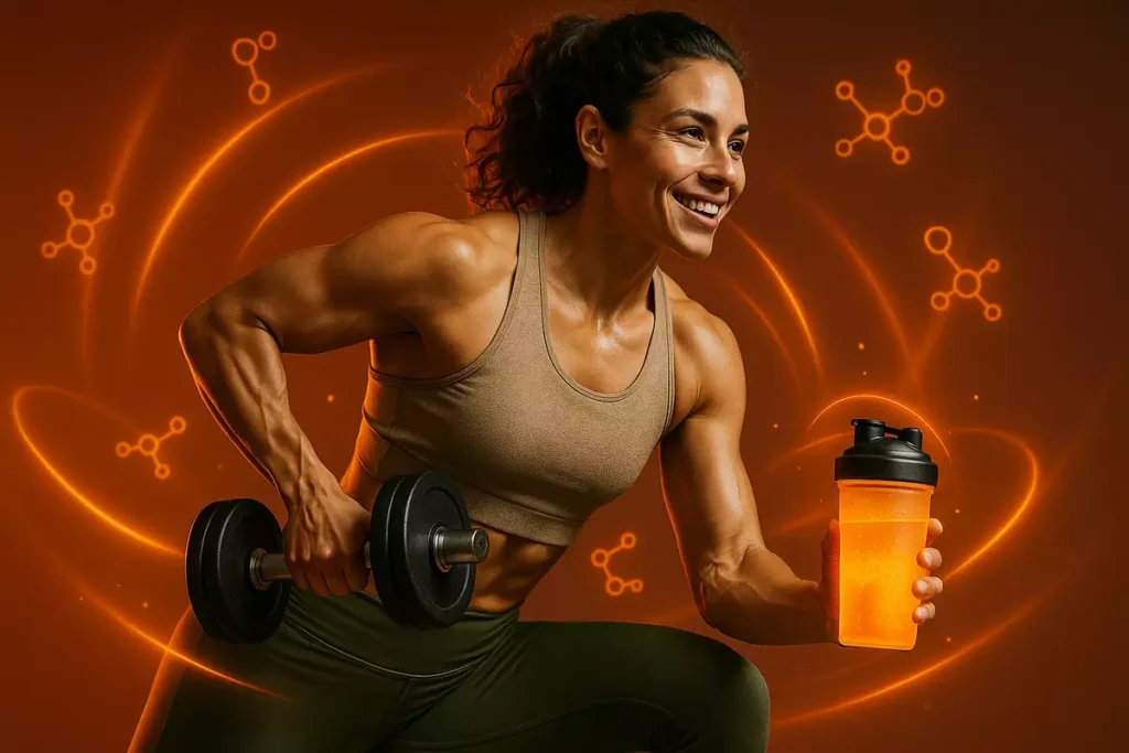 Athlete training with EAA supplement shaker highlighting muscle recovery and strength benefits