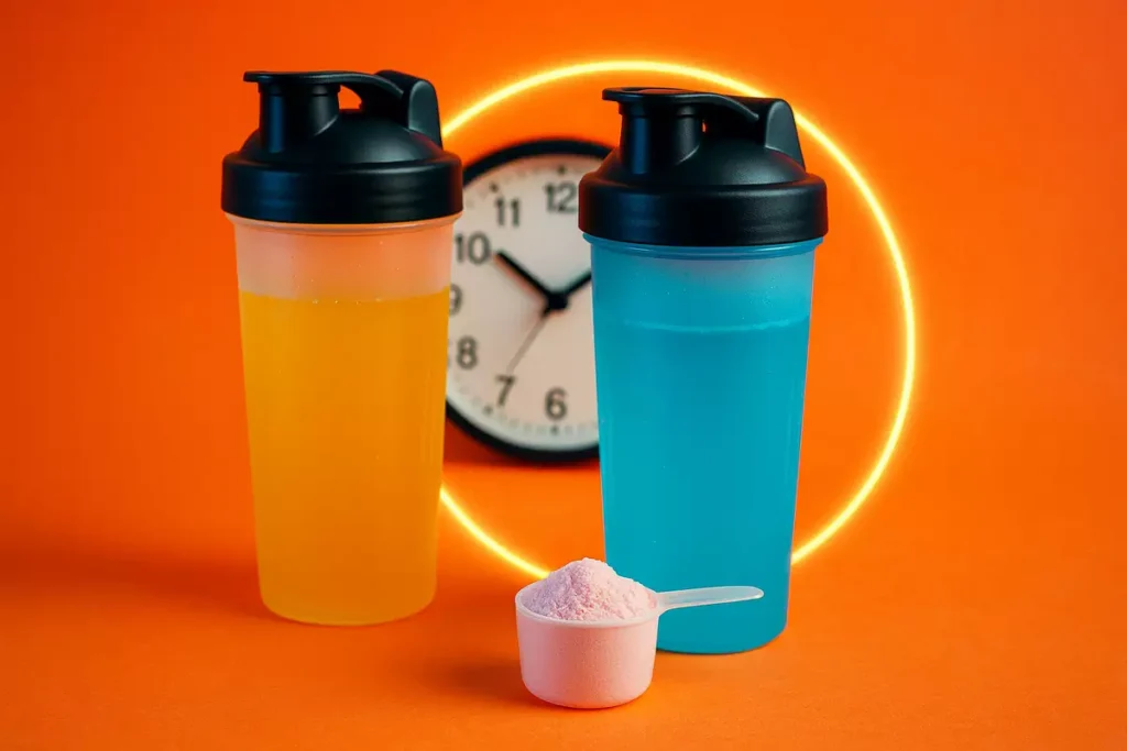 Two BCAA servings with clock showing benefits of splitting daily intake