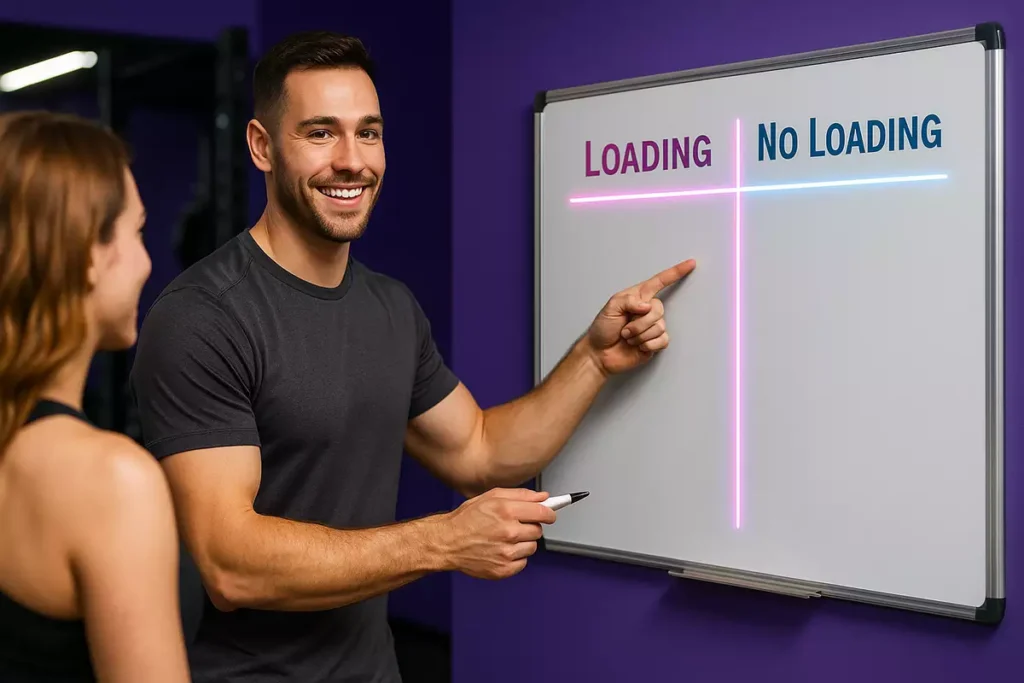 Fitness trainer explaining creatine loading vs. no loading methods on whiteboard to client in gym.