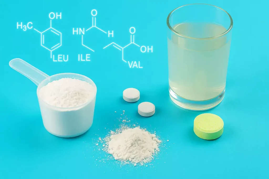 Key ingredients in caffeine-free BCAAs including 2-1-1 amino ratio and electrolytes