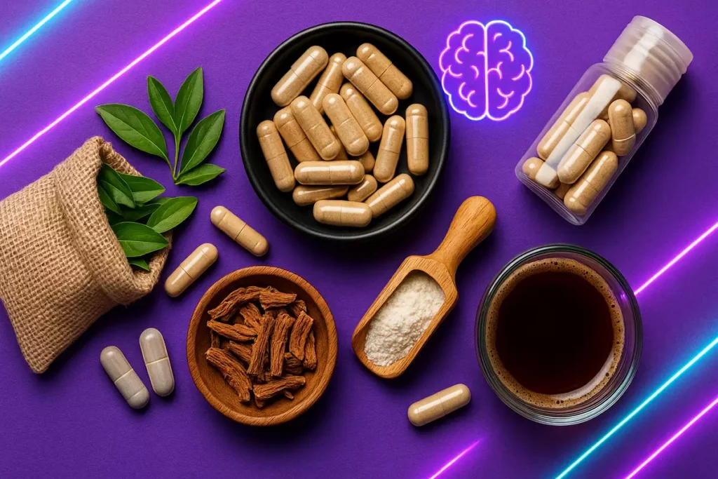 Natural nootropics like L-Theanine, Alpha-GPC, Rhodiola, and creatine stacked with caffeine for athletes