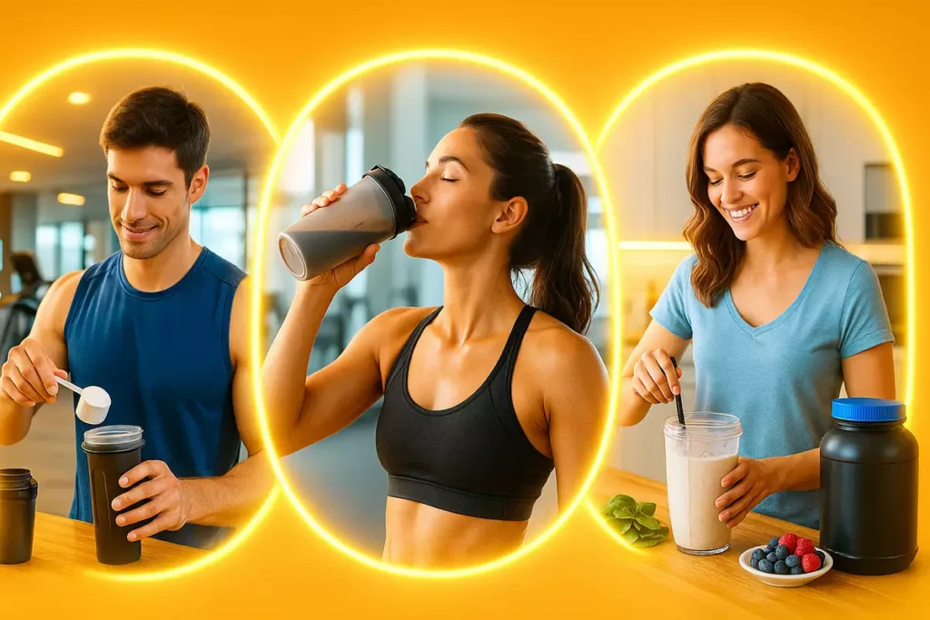 whey protein usage tips showing pre-workout, post-workout, and evening smoothie for cutting phase
