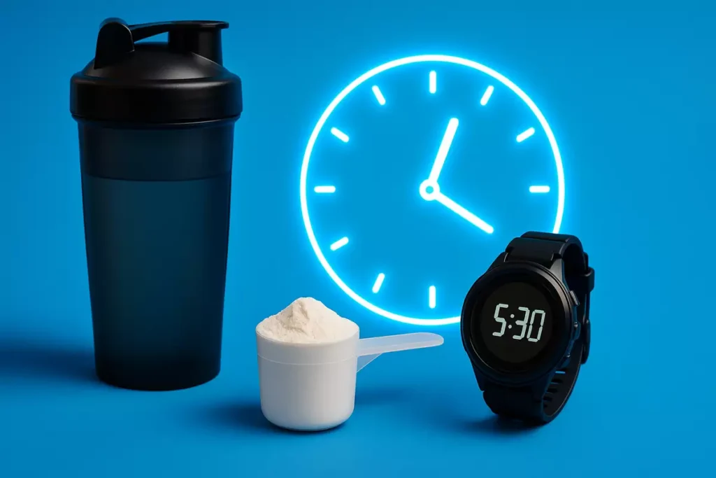 Shaker bottle with EAAs beside sports watch showing ideal post-workout timing