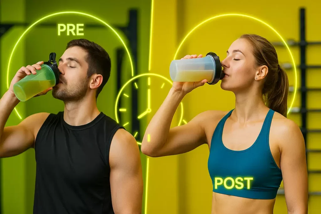 Split-scene showing athletes taking EAAs pre- and post-workout with clock graphic overlay