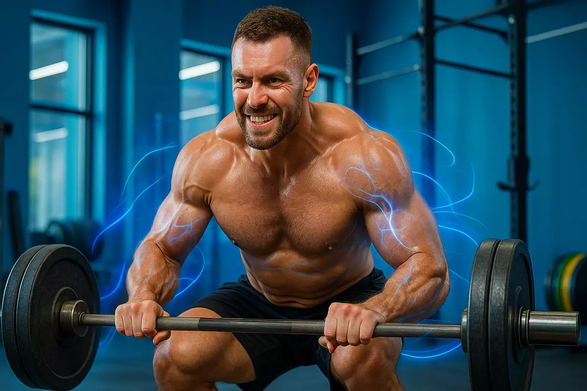 Athlete lifting barbell in gym with glowing muscle fiber effect representing beta-alanine endurance benefits