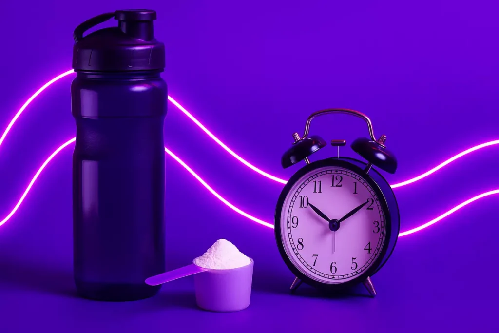 Cycling water bottle with supplement scoop and clock showing beta-alanine dosage timing.