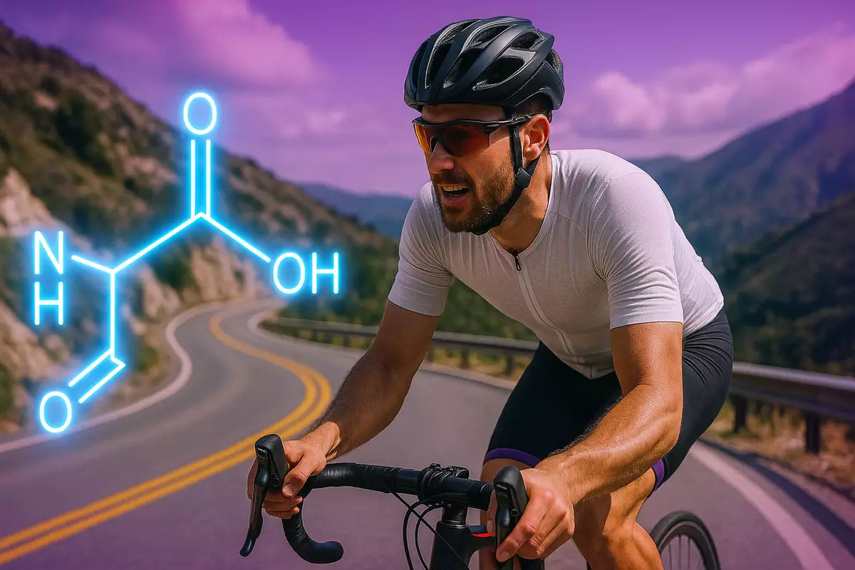 Cyclist climbing uphill with beta-alanine molecular structure overlay, representing improved cycling endurance.