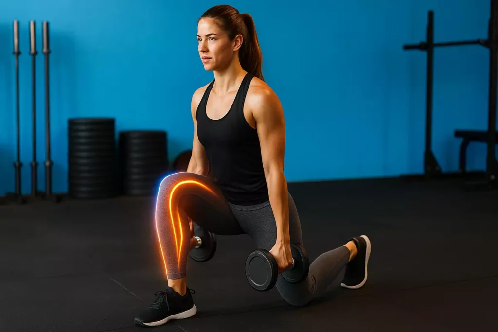 Athlete performing walking lunges with neon highlights showing beta-alanine muscle endurance benefits