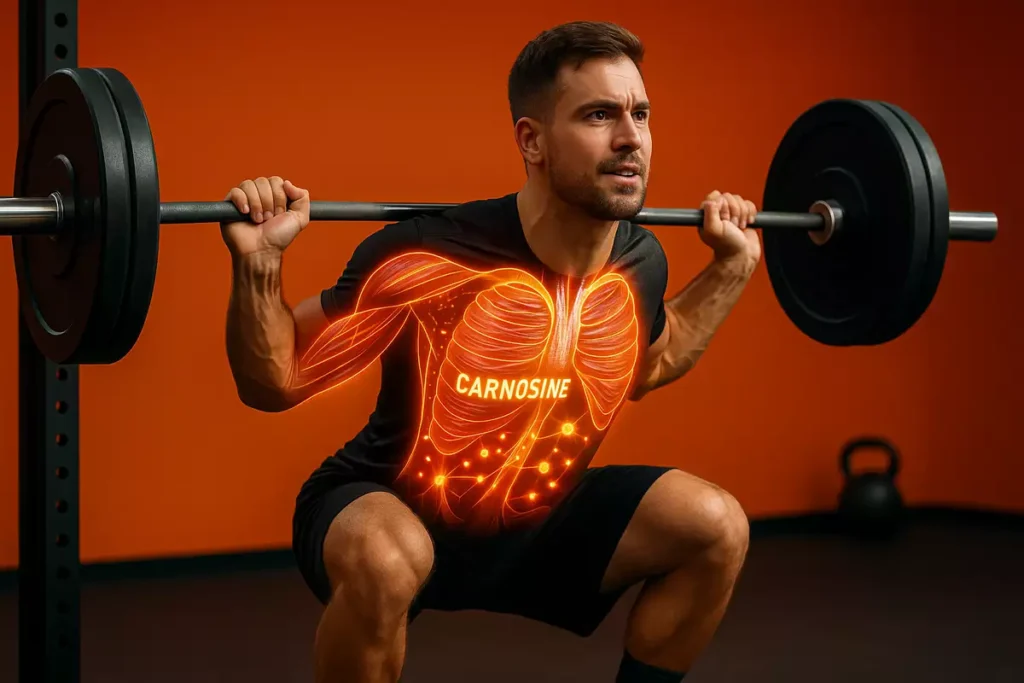 Illustration of beta-alanine boosting muscle carnosine levels with athlete performing squat
