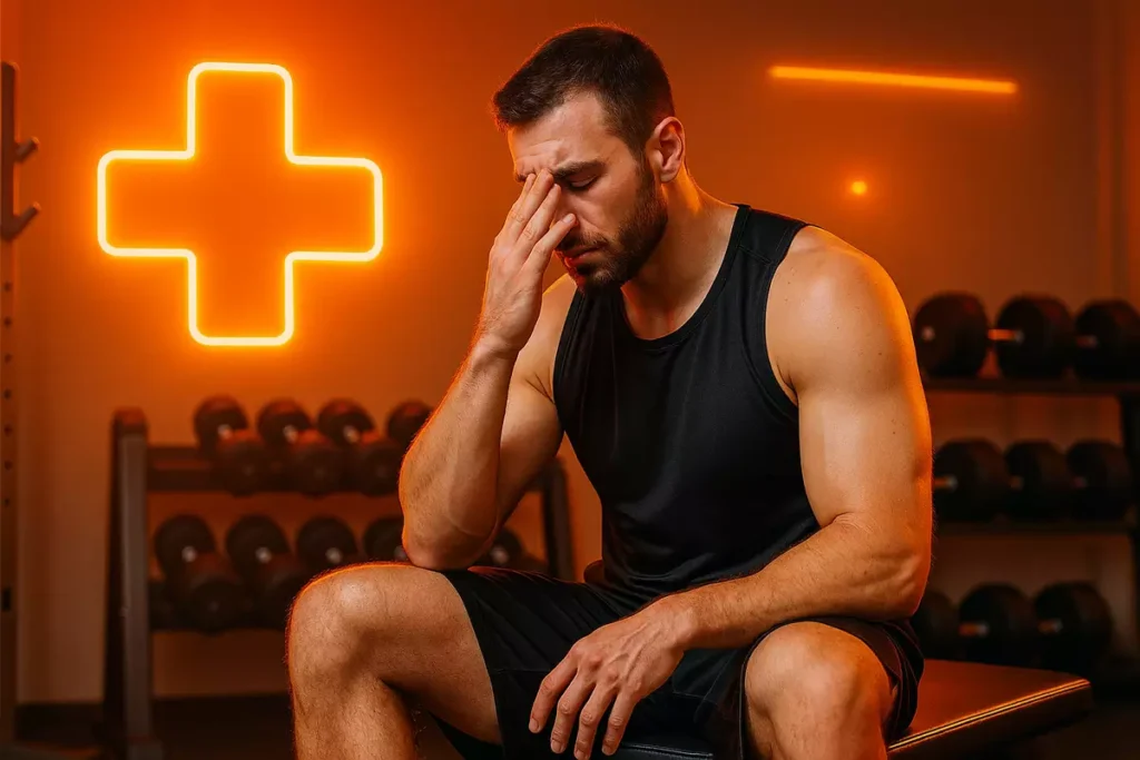 weightlifter experiencing mild tingling from beta-alanine in a safe gym setting