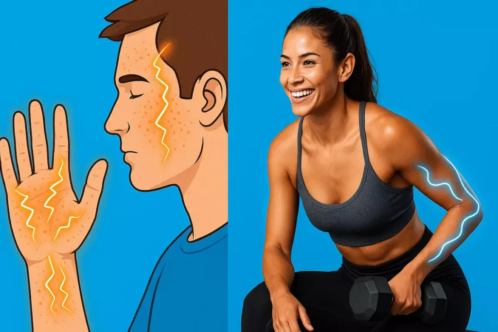 Split image showing beta-alanine tingling sensation on body and safe training for balanced supplement use