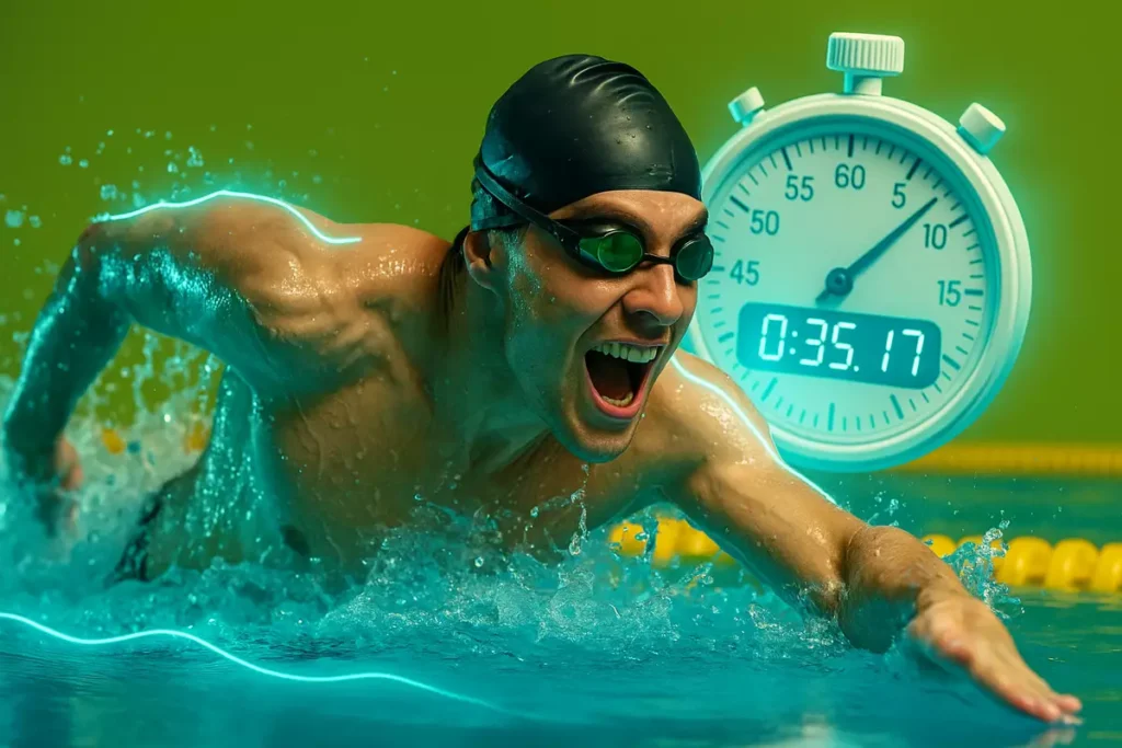 Swimmer in competition with stopwatch representing scientific evidence of beta-alanine performance