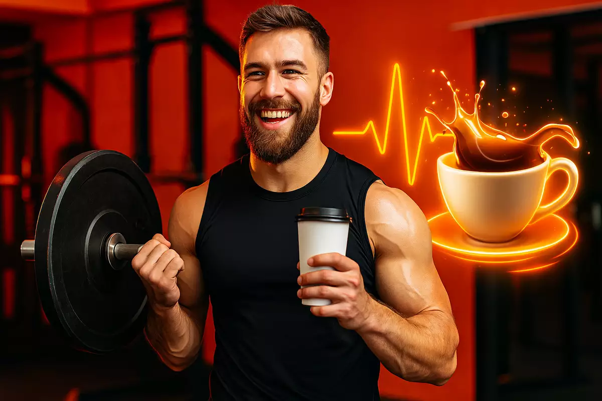 athlete holding coffee and barbell to show caffeine’s effect on performance
