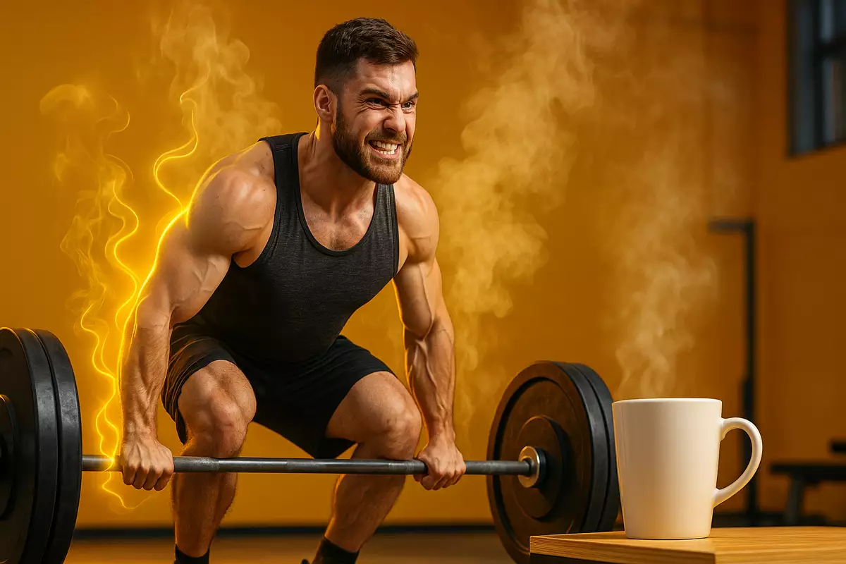Athlete lifting weights with caffeine energy effect, symbolizing strength and endurance boost