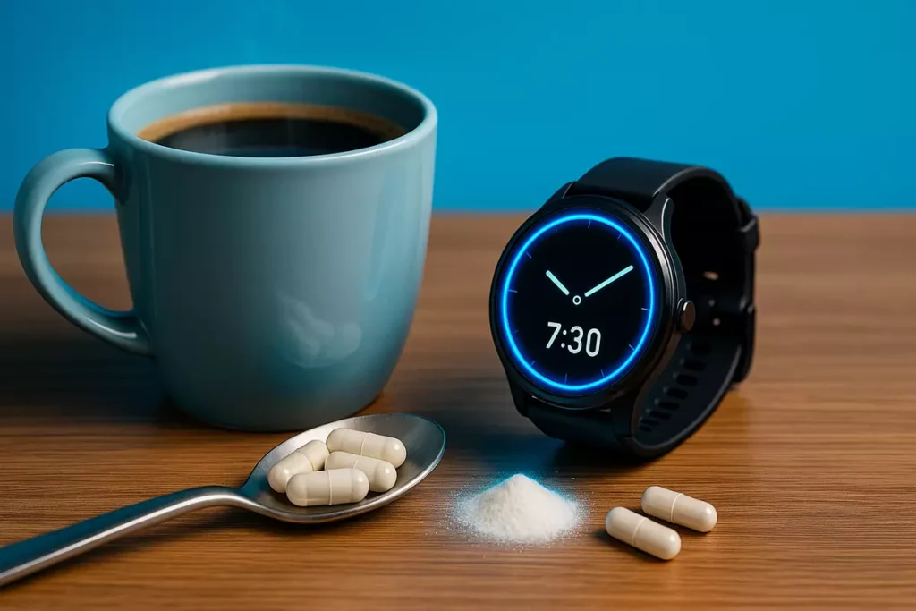 Coffee cup and fitness watch with caffeine capsules showing best timing and dosage