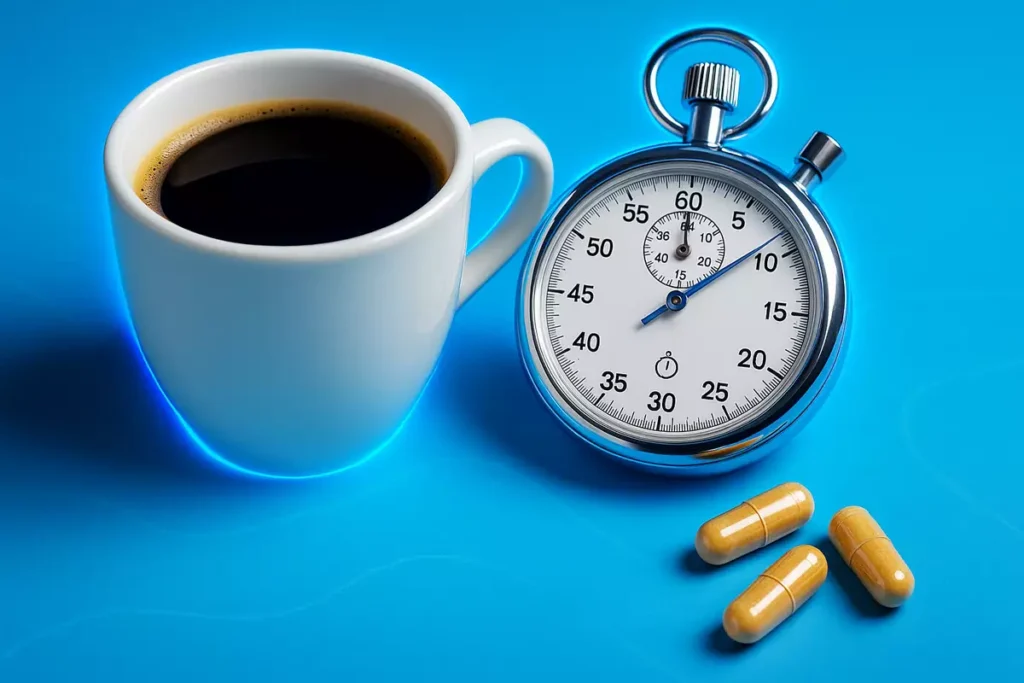 Coffee cup and stopwatch representing best caffeine dosage and timing for athletes
