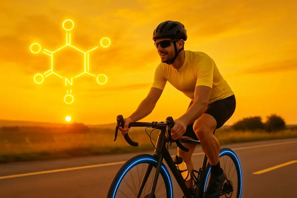 Cyclist at sunrise with caffeine molecule graphic symbolizing stamina and fatigue delay